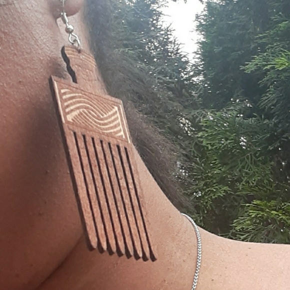 Afrocentric Natural Wood Afro Pick Earrings - Picture 2 of 2